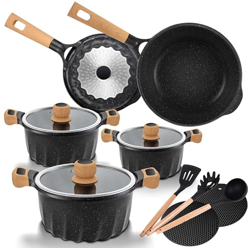 13-teiliges Kochtopf-Set Schwarz | Topfset Pfannenset Induktion | Kochtöpfe, Induktionspfannen, Pfanne 24 cm, Pfanne 28 cm | Kochtopf Induktion und Töpfe Set von Brahmstein