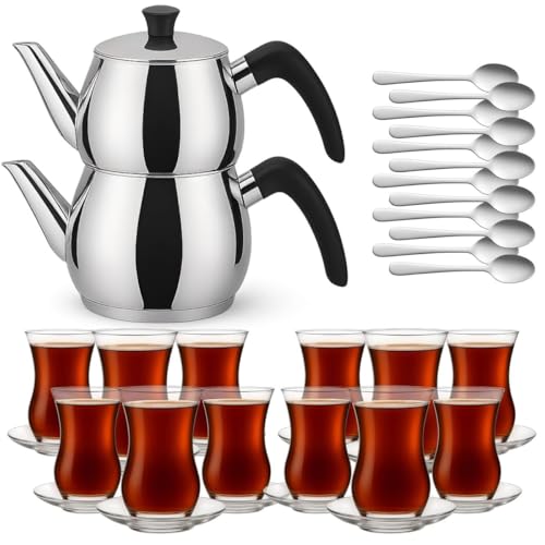 Caydanlik Teekanne Edelstahl 2-stöckig – Türkischer Teekocher induktionsgeeignet – mit Teegläsern oder nur Kanne Größe Kanne 2,7L, Farbe Glas-Set 12er von Brahmstein