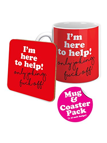 Lustige Tasse und Untersetzer mit Aufschrift „I'm Here to Help“ von Brainbox Candy