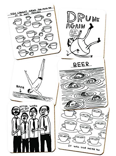 Offizielle David Shrigley Multipack mit 6 lustigen Getränke-Untersetzern von Brainbox Candy