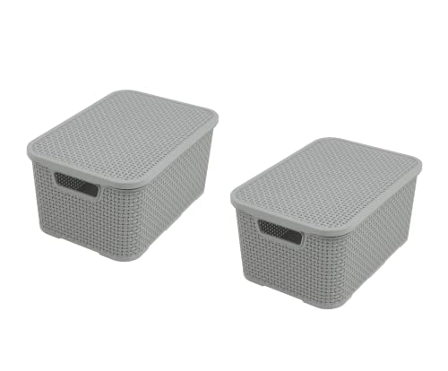 BranQ - Home essential Basket with Lid in Rattan Design Set of 2 Size M 10 L BPA-Free Plastic PP Light Grey 32,3x22,5x15 cm Pack of 2 von BranQ Home essential