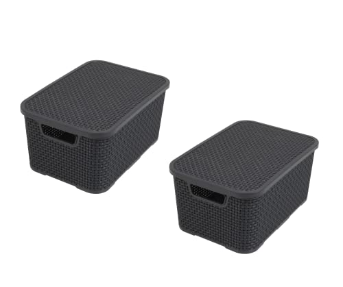 BranQ - Home essential Deckel Korb in Rattan Design 2er Set Grösse M 10l, Kunststoff PP, Anthrazit, 10 l BranQ - Home essential Deckel Korb in Rattan Design 2er Set Grösse M 10l, Kunststoff PP, Anthrazit, 10 l von BranQ Home essential