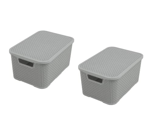 BranQ - Home essential Set of 2 Plastic Rattan Baskets with Lids made of Bisphenol A (BPA)-Free Polypropylene, Light Grey, Size S (7 Litres) von BranQ - Home essential