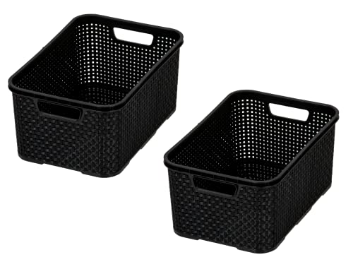 BranQ - Home essential Korb in Rattan Design 2er Set Grösse L 19 l, BPA-frei Kunststoff PP, Schwarz, 38x27,8x18,5 cm, 2 Stk. von BranQ Home essential