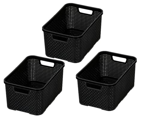 BranQ - Home essential Korb in Rattan Design 3er Set Grösse M 10 l, BPA-frei Kunststoff PP, Schwarz, 28,8x19,7x16,2 cm, 3 Stk. von BranQ - Home essential