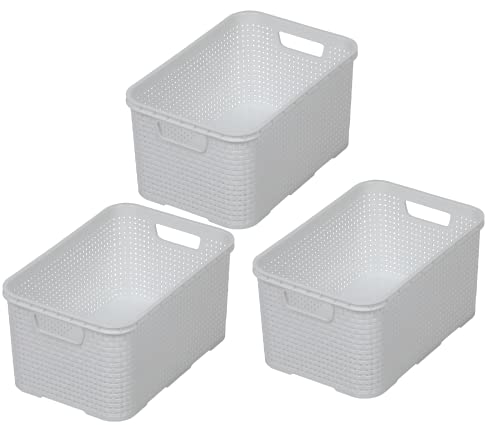 BranQ - Home essential Korb in Rattan Design 3er Set Grösse M 10 l, BPA-frei Kunststoff PP, Weiß, 28,8x19,7x16,2 cm, 3 Stk. von BranQ - Home essential