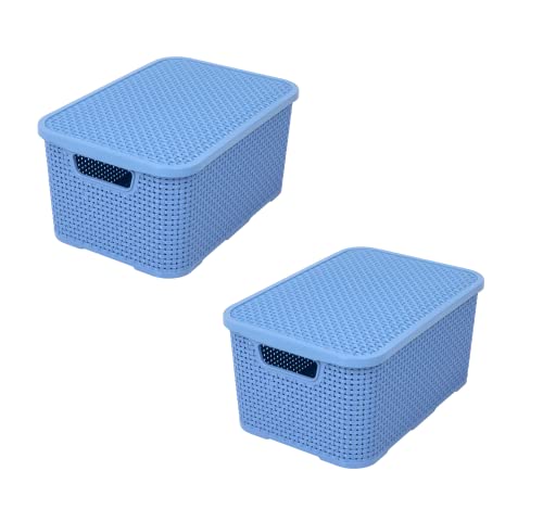 BranQ - Home essential Korb mit Deckel in Rattan Design 2er Set Grösse M 10 l, BPA-frei Kunststoff PP, Denim Blau, 32,3x22,5x15 cm, 2 Stk. von BranQ Home essential
