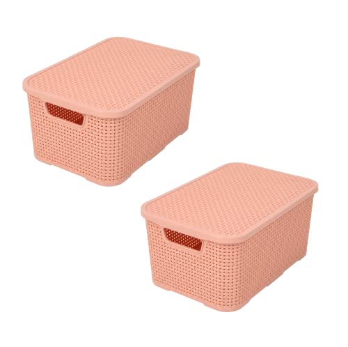 BranQ - Home essential Korb mit Deckel in Rattan Design 2er Set Grösse M 10 l, BPA-frei Kunststoff PP, Lachsrosa, 32,3x22,5x15 cm, 2 Stk. von BranQ Home essential