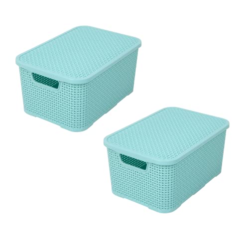 BranQ - Home essential Korb mit Deckel in Rattan Design 2er Set Grösse M 10 l, BPA-frei Kunststoff PP, Minze, 32,3x22,5x15 cm, 2 Stk. von BranQ Home essential