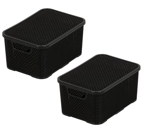 BranQ - Home essential Korb mit Deckel in Rattan Design 2er Set Grösse M 10 l, BPA-frei Kunststoff PP, Schwarz, 32,3x22,5x15 cm, 2 Stk. von BranQ Home essential