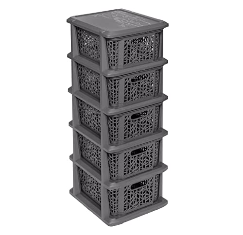 BranQ - Home essential Universelles, multifunktionales Regal in Bamboo Design, BPA-frei Kunststoff, 5 Körben, Anthrazit von BranQ Home essential