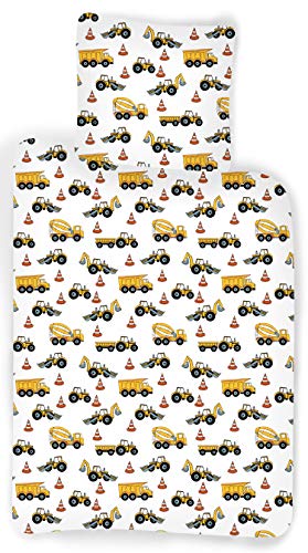 BrandMac ApS Bettwäsche Baustelle, für Baby oder kleines Bett, Bettbezug 100 x 135 cm + Kissenbezug 40 x 60 cm, LKW, Kran, Baggerlader, Bulldozer von BrandMac ApS