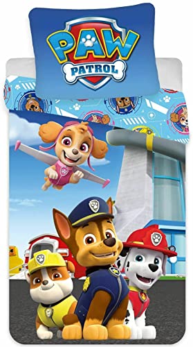 brandmacaps Bettwäsche Paw Patrol Chase, Marcus und Ruben, 100% Baumwolle, wendbarer Bettbezug, 100 x 135 cm + Kissenbezug 40 x 60 cm von BrandMac ApS