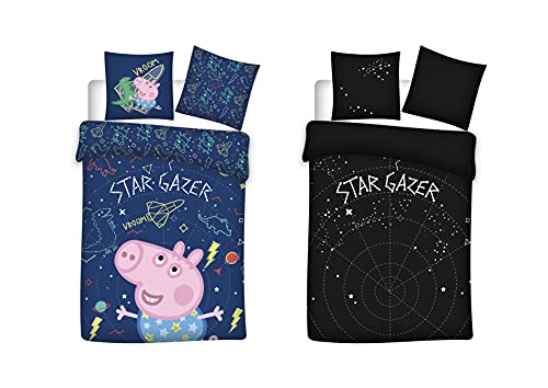 BrandMac Peppa Wutz Bettwäsche 100x135 40x60 „Star Gazer“ mit George – Peppa Pig Kinderbettwäsche zum Wenden - Leuchtet im Dunkeln - Kopfkissen- und Bettdeckenbezug aus 100% Baumwolle von BrandMac