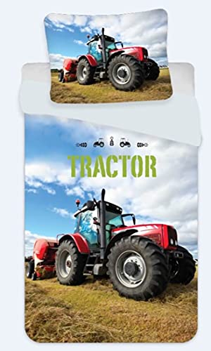 BrandMac Roter Traktor Bettwäsche-Set 135x200 80x80 Bettbezug Baumwolle Trecker Bauernhof von BrandMac