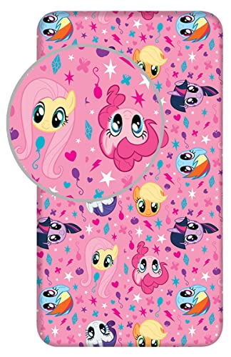 My Little Pony Spannbetttuch, Bettlaken pink mit Fluttershy Rainbow Dash Applejack Rarity 90x200+25 cm, 100% Baumwolle von BrandMac
