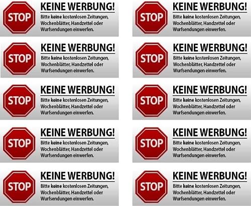 10 x Brandengel® Keine Werbung Aufkleber - Schild – Folie - Sticker (Stop Bitte Keine Kostenlose Zeitung, Flyer, Handzettel, Wurfsendungen, Wochenblätter, Werbung) für den Briefkasten - 10 Stück von Brandengel