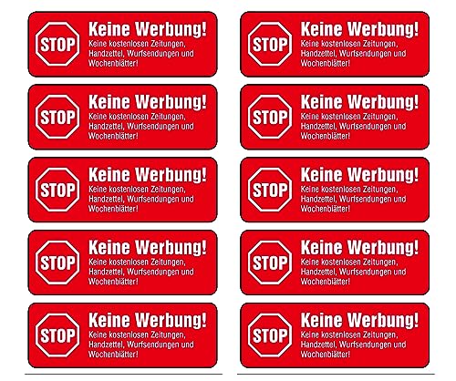 10 x Brandengel® Keine Werbung Aufkleber - Schild rot extra Starke Folie - Sticker (Stop Keine Werbung ! Keine Kostenlose Zeitung, Handzettel, Wurfsendungen und Wochenblätter) für den Briefkasten 10St von Brandengel