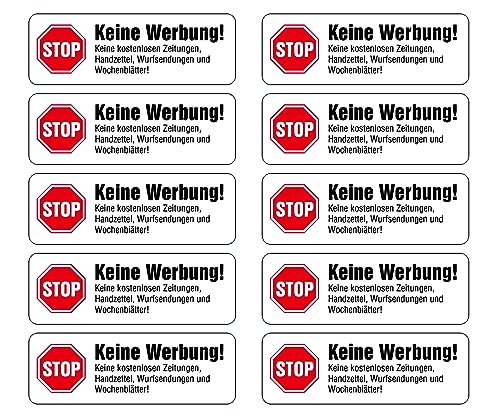 10 x Brandengel® Keine Werbung Aufkleber - Schild weiß extra Starke Folie Sticker (Stop Keine Werbung ! Keine Kostenlose Zeitung, Handzettel, Wurfsendungen und Wochenblätter) für den Briefkasten 10St von Brandengel