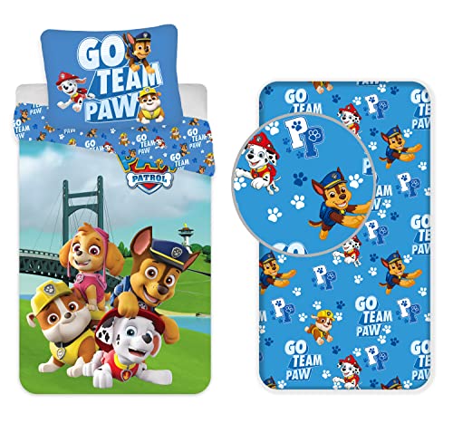 3-teiliges Bettwäsche-Set, Motiv: Paw Patrol, 100 % Baumwolle, Bettbezug 140 x 200 cm, Kissenbezug 65 x 65 cm, Spannbettlaken, 90 x 200 cm von Brandmac