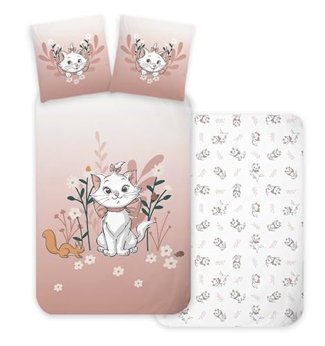 Brandmac Marie Aristocats 3-teiliges Bettwäscheset mit Spannbettlaken, 100% Baumwolle, Bettbezug 140 x 200 cm + Kissenbezug 65 x 65 cm + Spannbettlaken 90 x 190 cm von Brandmac