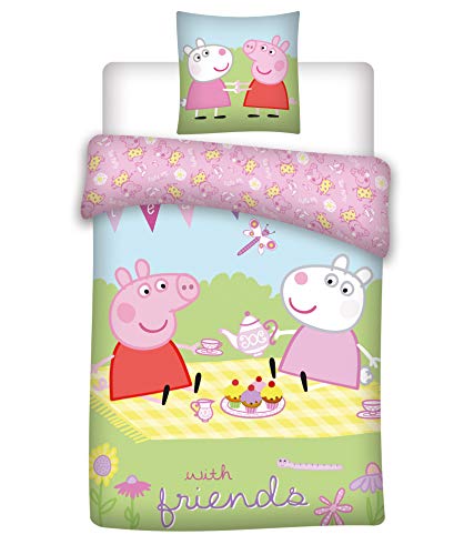 Peppa Pig Friends Bettwäsche, 100 % Baumwolle, wendbarer Bettbezug und Kissenbezug, 65 x 65 cm von Brandmac