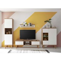 Fernseher Wohnwand in Weiß und Eiche 300 cm breit (vierteilig) von Brandolf