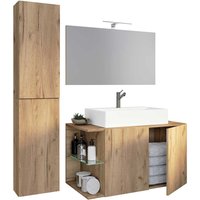 Waschplatz Set Holzoptik modern mit LED Beleuchtung die Wandmontage (dreiteilig) von Brandolf