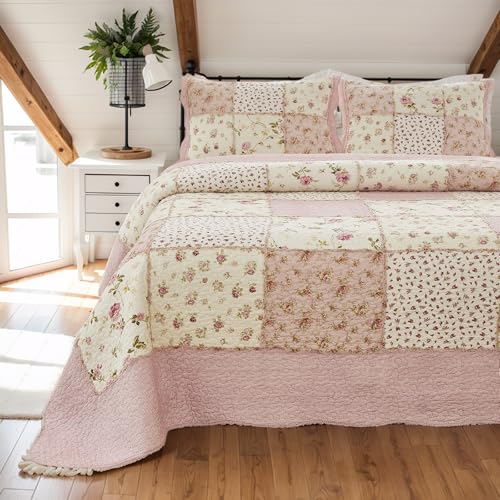 Brandream Gestepptes Steppdecken-Set mit rosa Rose, Blumenmuster, Baumwolle, Queen-Size-Größe, rustikale Landhausdecke, Tagesdecke, 3-teilig von Brandream