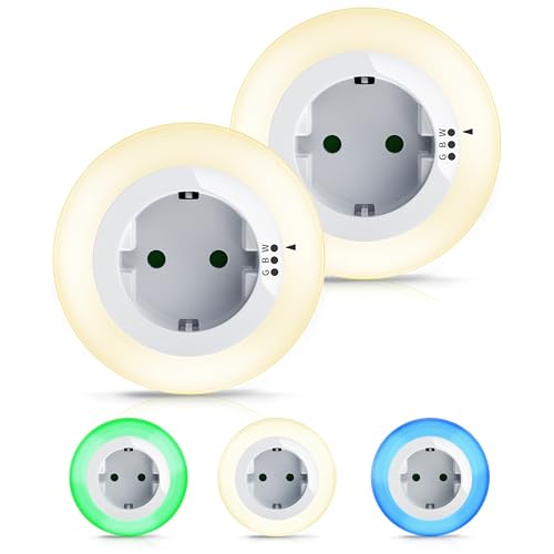 Brandson - 2 x Nachtlicht für die Steckdose - LED Nachtlampe mit Dämmerungssensor und Helligkeitssensor - Auto ON OFF - Orientierungslicht 3 Farben Warmweiß Blau Grün - Kinder Erwachsene Senioren von Brandson