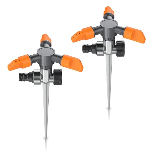 Brandson - 2 x Rasensprinkler 3 Fach mit Erdspieß – Rasensprenger 360 Grad - Flächenregner Sprühregner - Sprinkler mit 3 Arm – Einstellbarer Winkel 45° bis 90° - Reichweite bis zu 7m - robuster Spike von Brandson