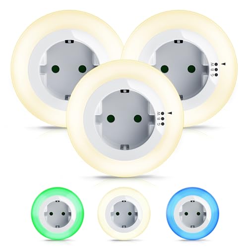 Brandson - 3 x Nachtlicht für die Steckdose - LED Nachtlampe mit Dämmerungssensor und Helligkeitssensor - Auto ON OFF - Orientierungslicht 3 Farben Warmweiß Blau Grün - Kinder Erwachsene Senioren von Brandson