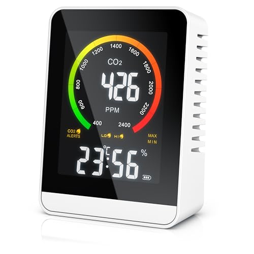 Brandson - CO2 Melder Messgerät mit Akku - Luftqualitätsprüfer - Kohlenstoffdioxid Sensor Messung PPM - Co2 Anzeige - Raumluft Lüftungsampfehlung - Temperatur Uhrzeit Luftfeuchtigkeit von Brandson