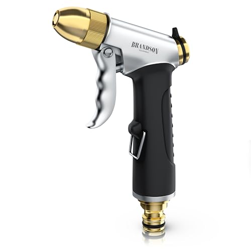 Brandson - Gartenbrause Metall − Handbrause Garten - gummierter Griff – stufenlos einstellbarer Sprühstrahl – Haltebügel – Schnellkupplungsanschluss - Wasserdruck bis zu 6 bar - 3/4 Zoll von Brandson