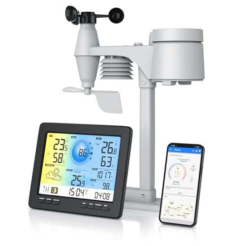 Brandson - Wetterstation Wlan mit Außensensor 5 in 1 – Funk - Wetterdaten per App WiFi - Wettervorhersage - Innen und Außentemperatur – Windmesser und Regensensor - Windrichtung - LCD Farbdispay von Brandson