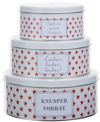 Brandsseller Plätzchendosen 3er Set – Keksdosen & Aufbewahrungsdosen für Gebäck, Kekse & Weihnachtsplätzchen – stapelbare Vorratsdosen aus Metall, lebensmittelgeeignet, rot-weiß mit Sternen von Brandsseller