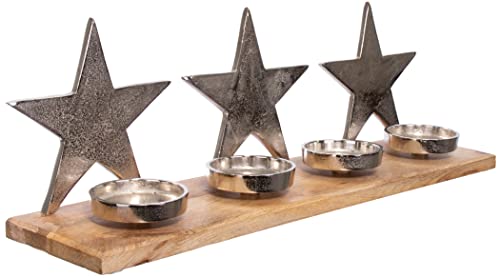 Brandsseller Adventskranz Adventsleuchter mit Sternen ca. 53 cm auf Holzsockel Silber/Braun von Brandsseller