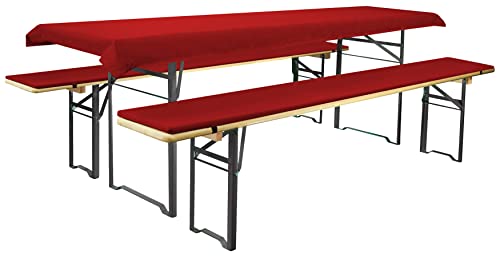 Brandsseller Bierbankauflagen-Set passend für gängige Biertische und Bänke 2 gepolsterte Bankauflagen je ca. 220x25x1,6 und 1 Tischdecke 240x90 Uni Rot von Brandsseller