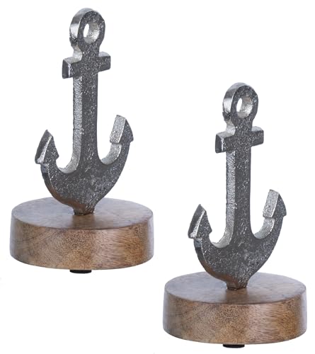 Brandsseller Deko-Aufsteller 2er Set Mini Anker auf Fuß ca. 12x7x6,5cm auf Mangoholz-Sockel/Aluminium von Brandsseller