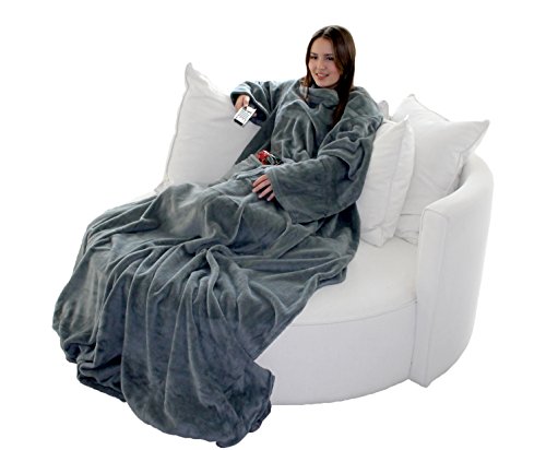 Brandsseller Flauschige TV-Decke mit Ärmeln 170x200 cm in Cashmere Feeling - Fußsack und 2 Taschen - Kuscheldecke Tagesdecke Grau von Brandsseller