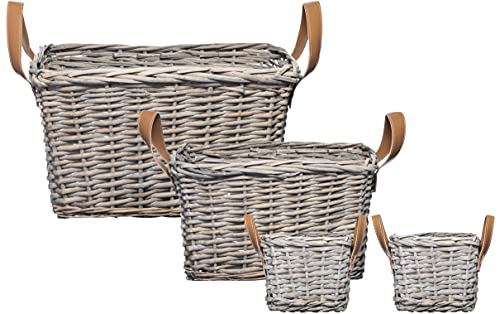 Brandsseller Weidenkorb 4er Set – geflochtene Körbe mit Kunstleder-Griffen, grau, Aufbewahrung & Deko Organizer – Länge-Breite-Höhe ca. 1x 40x28x24 cm 1x 30x20x19 cm 2x 15x11x11 cm Grau von Brandsseller