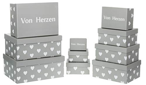 Brandsseller Geschenkboxen Aufbewahrungsboxen Schachteln mit Deckel - Stabiler Karton mit Herzen - Deckel Schriftzug Von Herzen - 10er Set - Farbe: Grau/Weiß von Brandsseller