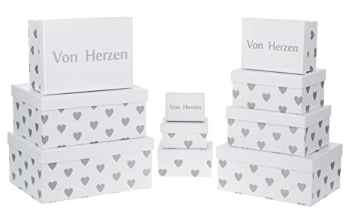 Brandsseller Geschenkboxen Aufbewahrungsboxen Schachteln mit Deckel - Stabiler Karton mit Herzen - Deckel Schriftzug Von Herzen - 10er Set - Farbe: Weiß/Grau von Brandsseller