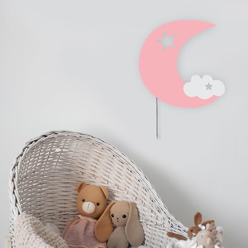 Brandsseller LED Nachtlicht aus Holz 31x31 cm Wandlampe Nachtlampe Schlummerlicht mit Zugschnur Warmweisses Licht Batteriebetrieben Halbmond Rosa von Brandsseller