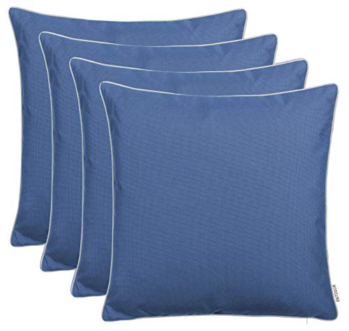 Brandsseller Outdoor Garten Kissen Dekokissen mit Paspel - Garngefärbt Uni Schmutz- und Wasserabweisend mit Reißverschluss - Größe: ca. 45 x 45 cm 4er-Set Blau von Brandsseller