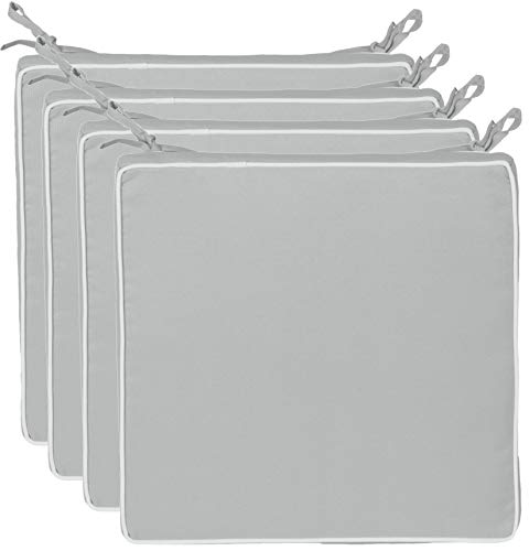 Brandsseller 4er Set Sitzkissen 40x40x4 cm – Wasser- & schmutzabweisende Stuhlkissen mit Bindebändern & Paspel – Für Innen & Außen – Garten, Terrasse, Küche – Hellgrau von Brandsseller