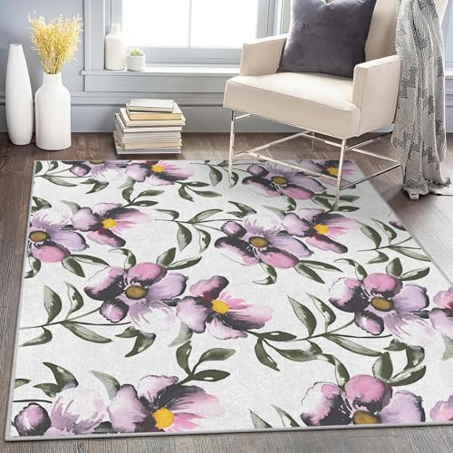 Teppich Quadratisch 150x150 Pinke Blume Teppich Kurzflor Waschbar in Waschmaschine Blumen Teppich Gegend rutschfest Dünn Saugfähig für Wohnzimmer Schlafzimmer Küchen von Brandzly