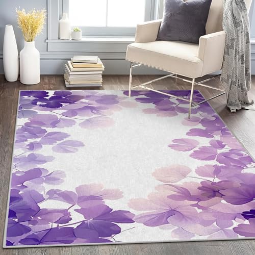 Waschbar in Waschmaschine Wohnzimmer Teppich Lila Blätter 120x170 Kurzflor Teppich Schlafzimmer, Blumen Teppich Gegend Dünn Bettvorleger Saugfähig für Jugendzimmer Jungen Mädchen von Brandzly