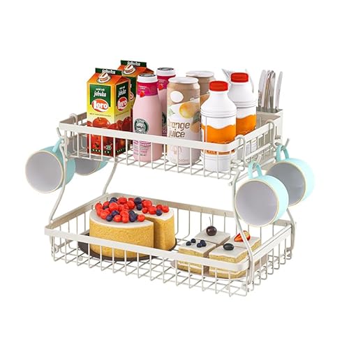 Braozaiw 2-lagige Obstkorbschale passend für Küchenarbeitsplatte, Obst- und Gemüseregal mit Besteckgestell und Becherhaken, abnehmbares Metallregal für Küchenarbeitsplatte (Weiß) von Braozaiw