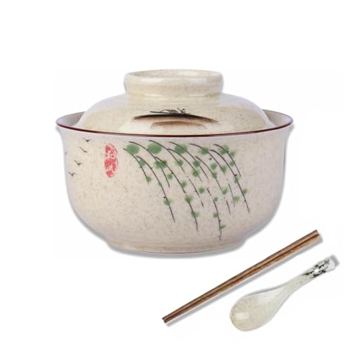 Ceramic Soup Bowl Set, 800 ml Ramen Bowl (Essstäbchen Löffel), Large Japanese Noodle Bowls, Traditional Asian Tableware Set, for Udon, Pasta, Pho, Soba, Cereal & Salad (Weidenzweige) von Braozaiw